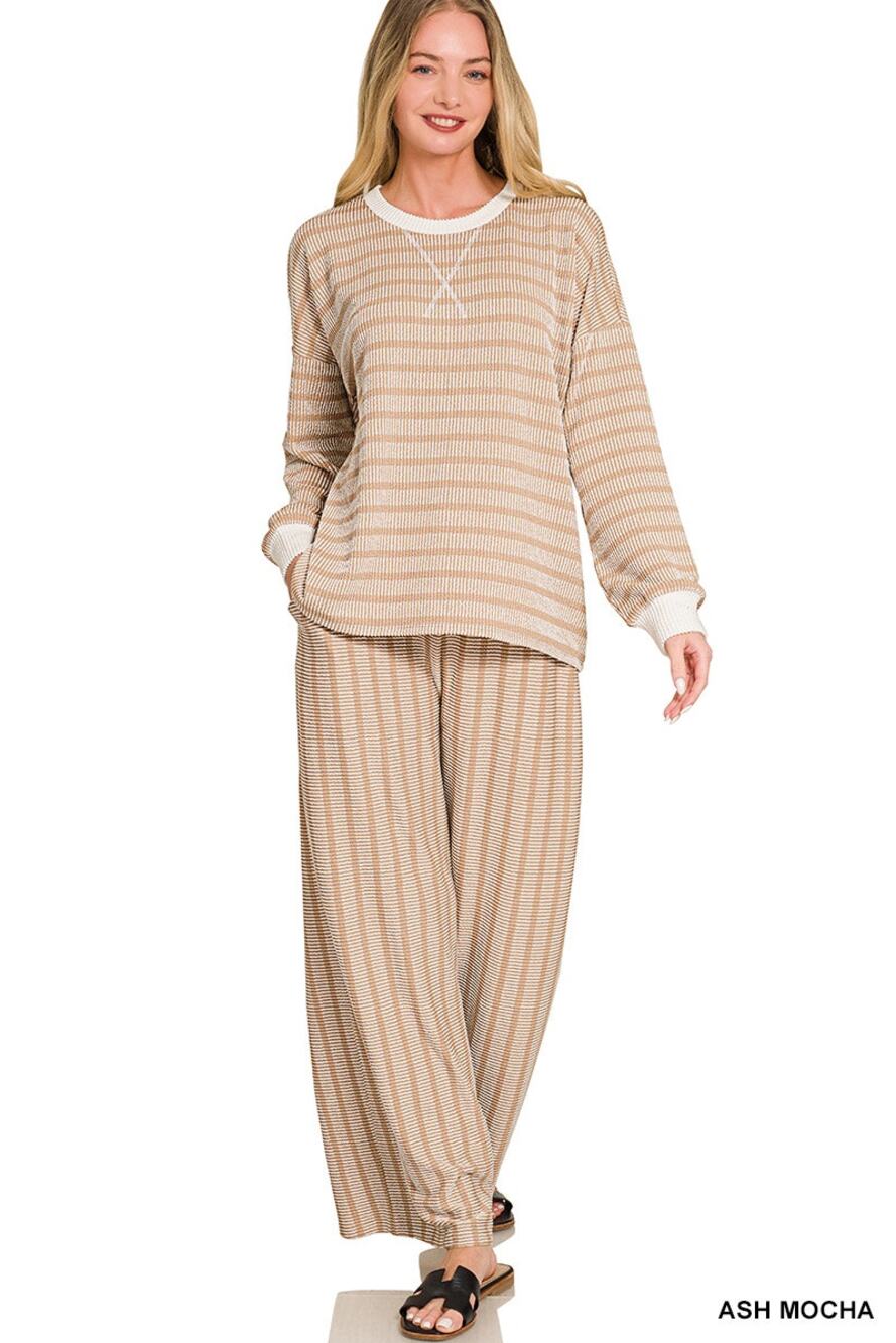 ZENANA RAISED RIB STRIPED PULLOVER & PANTS SET -ASH MOCHA